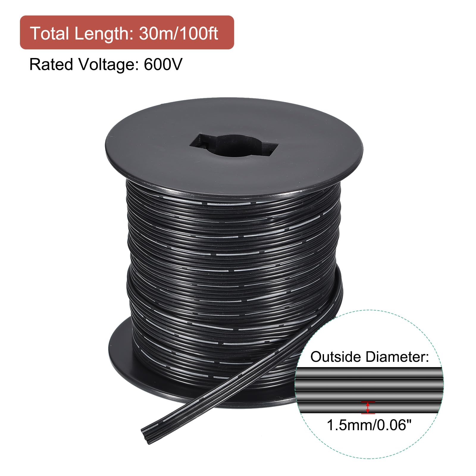 sourcing map Cable de cinta de silicona de 24 AWG, calibre 24, cable plano de silicona de 30 m, alambre de cobre estañado trenzado negro