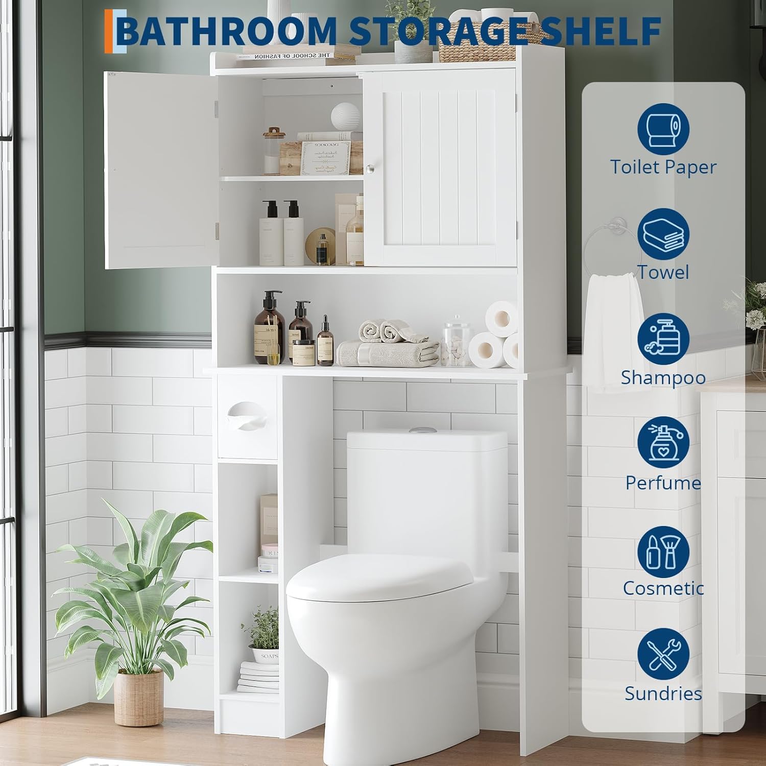 Over The Toilet Storage Cabinet with Toilet Paper Holder Double Door Bathroom Organizer with Adjustable Shelves Freestanding Bathroom Shelf Toilet Storage Cabinet Space-Saving Toilet Rack, White