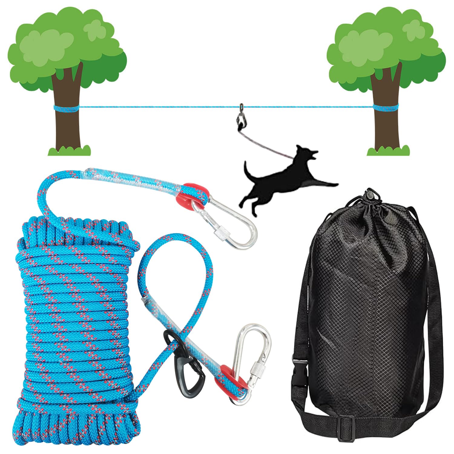 Hofleine für Hunde, 15m Tie-Out Leine, für Hof und Camping, Heavy Duty Kabel für Kleine bis Große Hunde bis zu 136 kg (Blau)