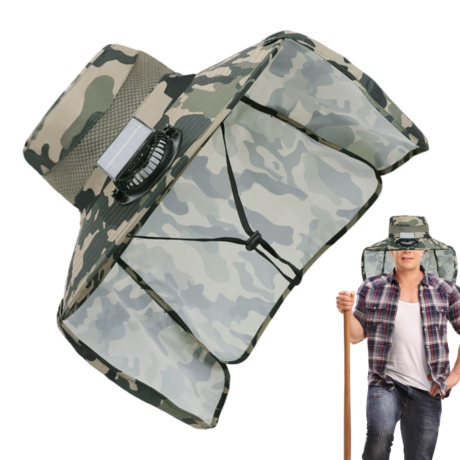 Generisch Sombrero de pesca con ventilador solar | Sombrero de pesca de ala ancha | Gorro unisex ligero con ventilador solar extraíble y protección para el cuello para senderismo y camping