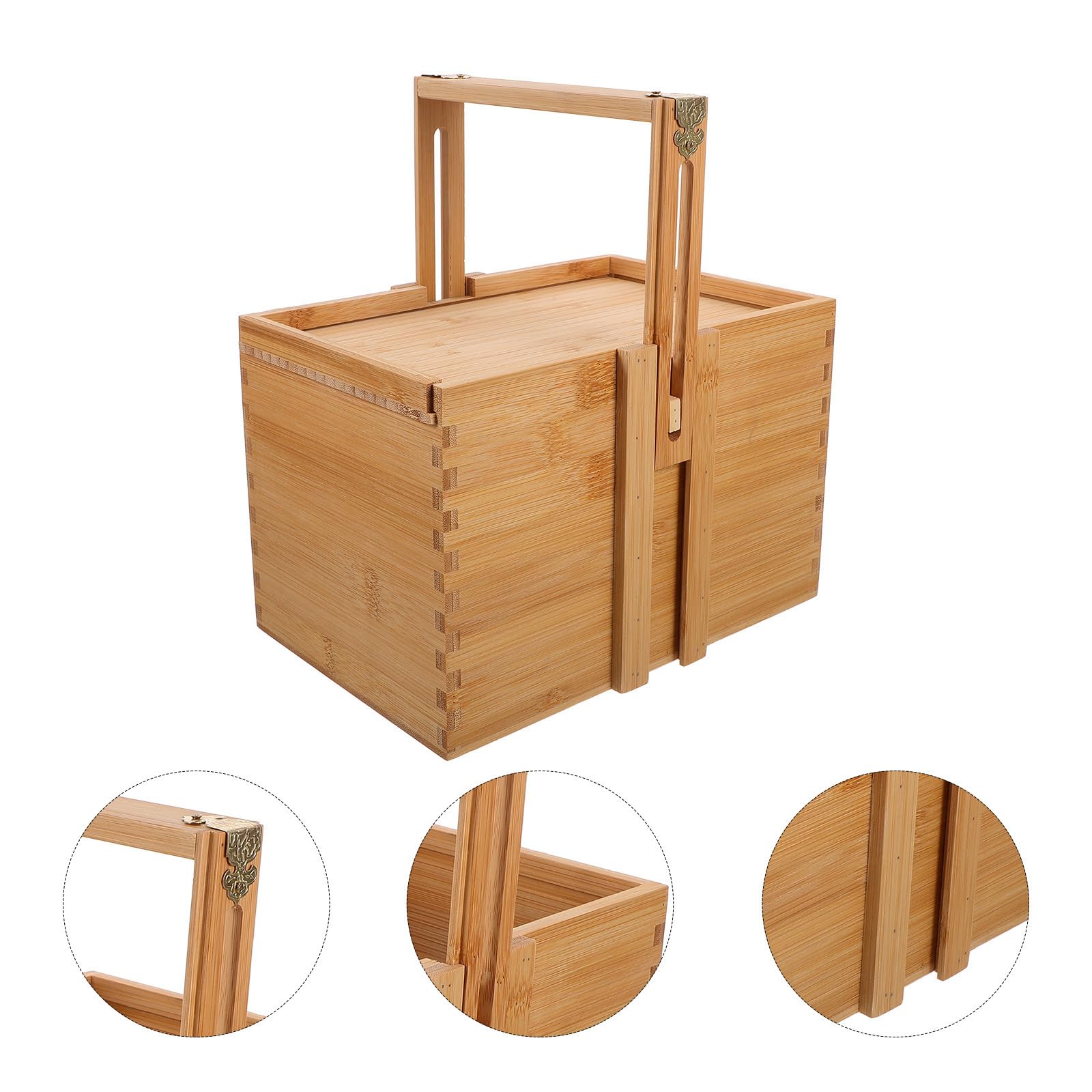 Cesta de Bambú Asa Ajustable para Picnic y Almacenamiento, Caja de Madera para Guardar Postres y Té, Diseño Sencillo y Fácil de Transportar para Uso Familiar