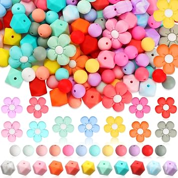 Ecation 186 Pcs Silicone Beads Bulk Set 12mm Round Rubber Beads, 14mm Hexagon Silicone Beads, 23/20mm Daisy Flower Beads for Keychain Bracelet Necklace Jewelry DIY Accessories Colorful,Flower