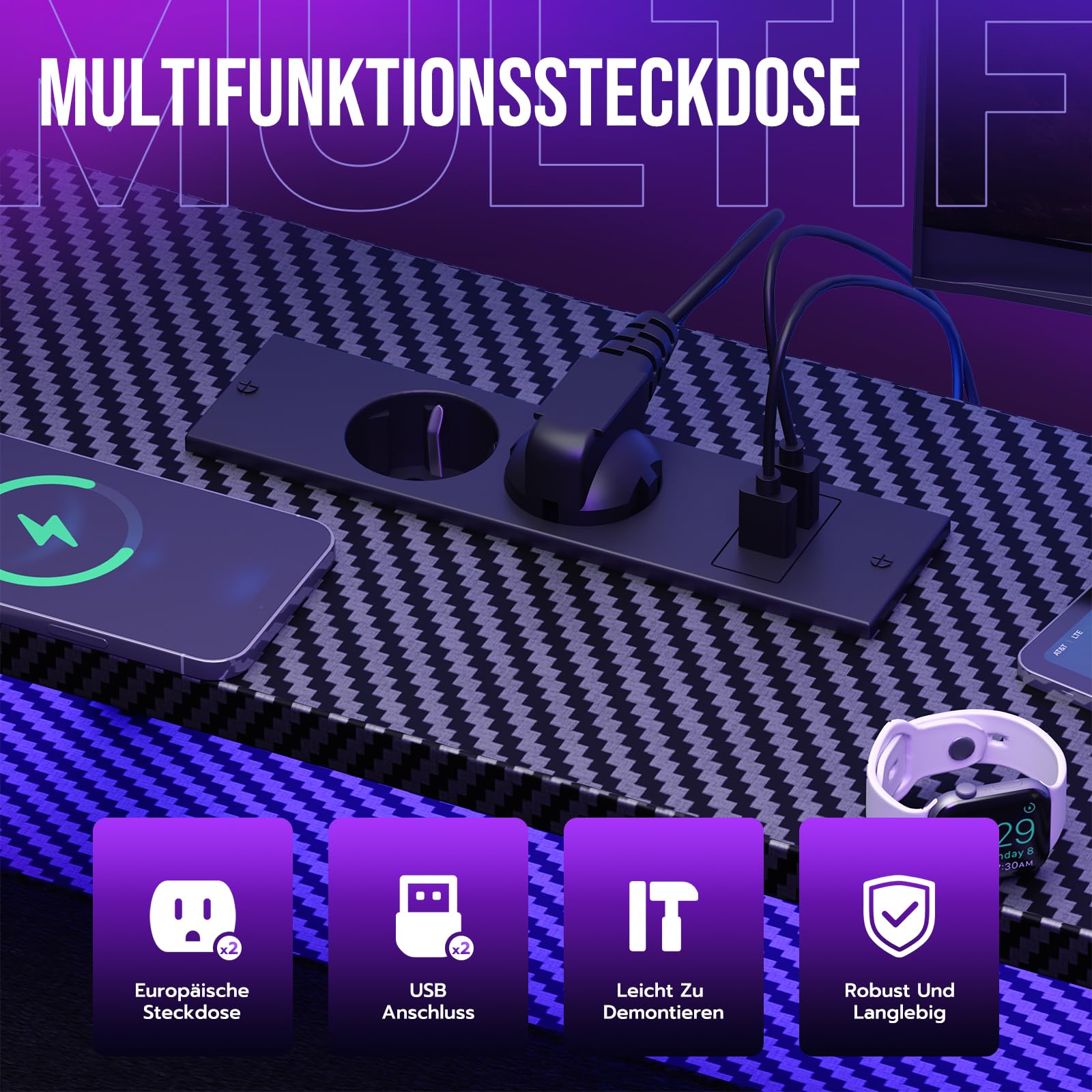 YOUDENOVA Gaming Schreibtisch 130 * 50cm,Gaming Tisch mit LED-Beleuchtung & Steckdose,Computertisch mit Schubladen,Carbon Fiber Schwarz