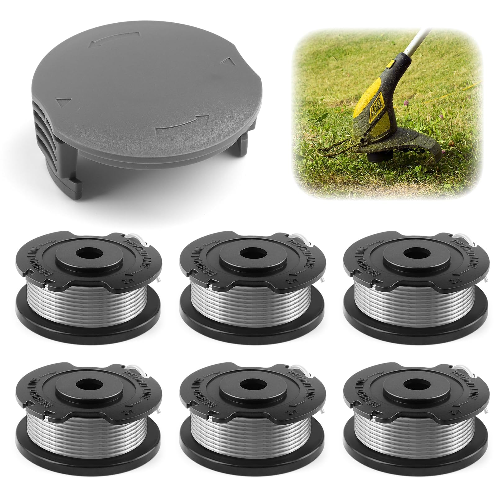 Bobina y línea para desbrozadora Bosch,6 pcs bobina de repuesto de recortadora cortabordes para F016800569,1 tapas para F016F05320 compatibles con Bosch EasyGrassCut 18/23/26/18-230/18-260(Ø1.65mm 6m)