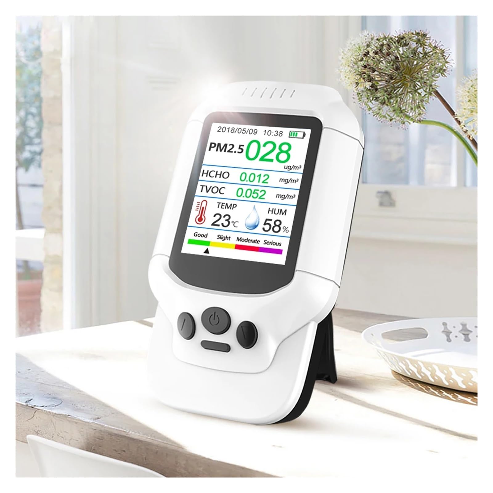 Rilevatore portatile PM2.5 8 in 1, monitor della qualità aria, analizzatore di gas formaldeide (HCHO), temperatura e umidità Con ampia gamma di test(White)