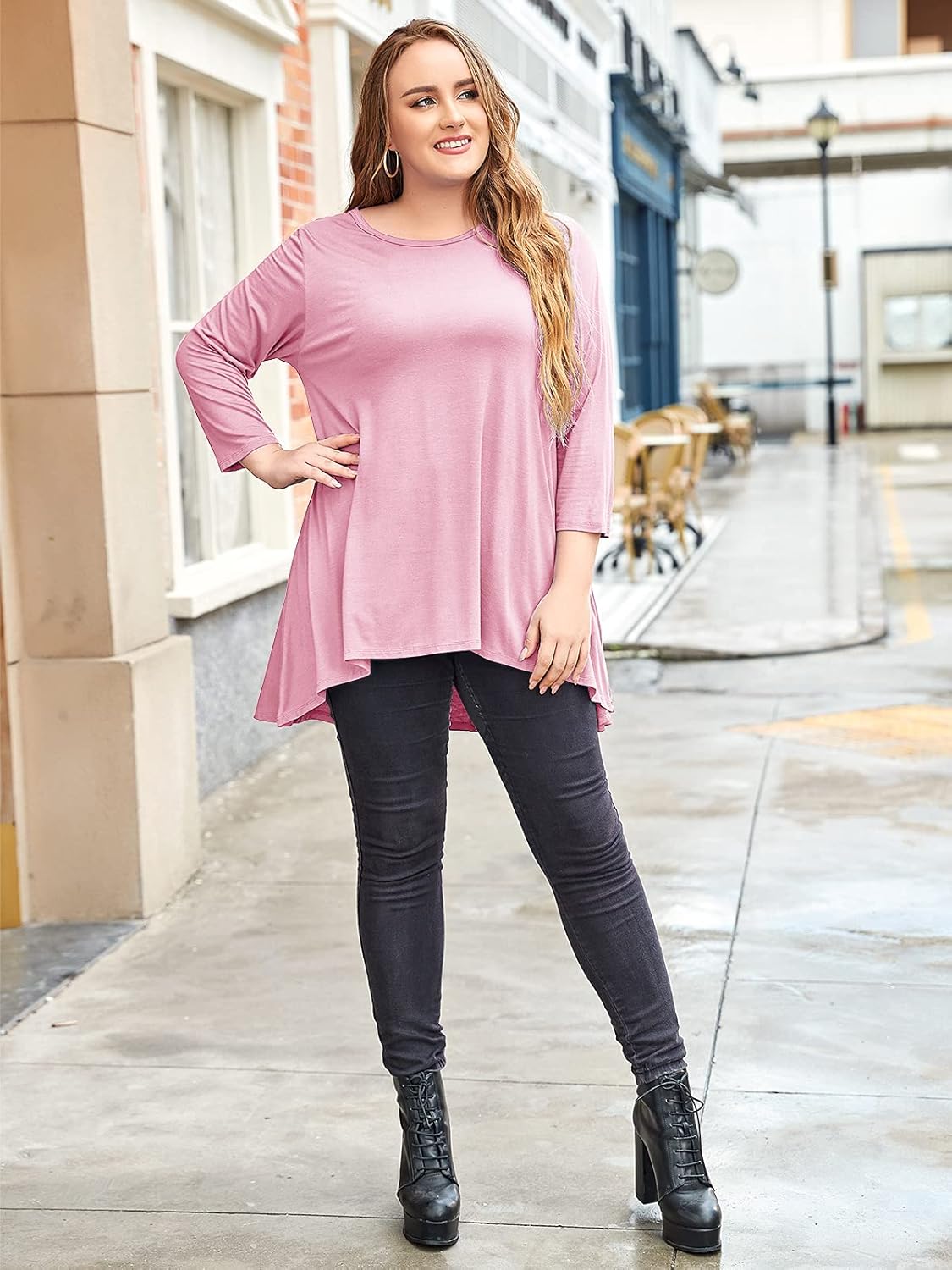 LARACE Womens Plus Size 3/4 Sleeve Loose Fit Flare Swing Tunic Tops Floral High Low Basic T Shirt - Image 3