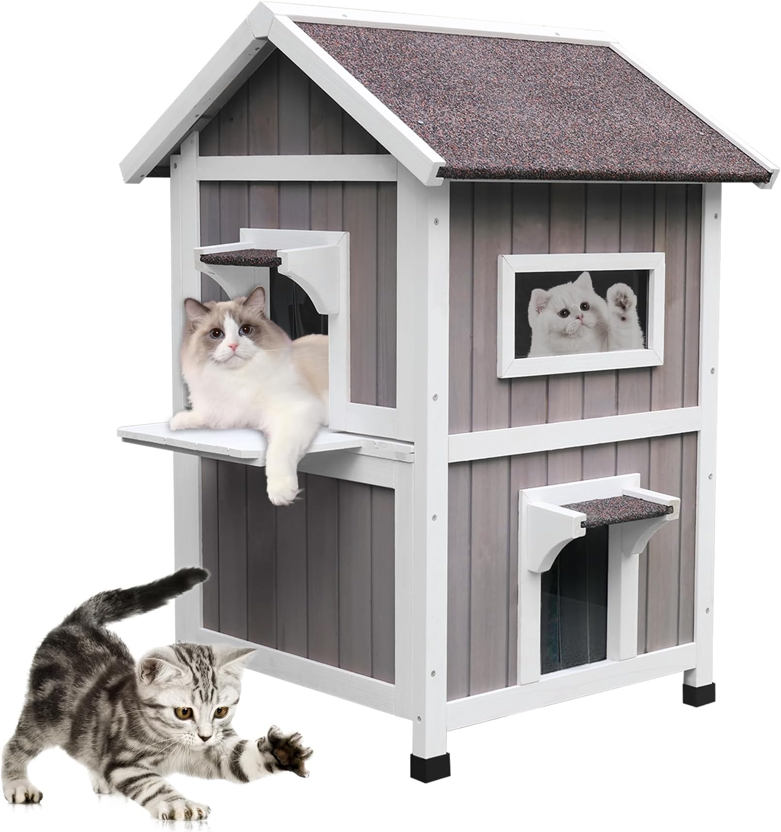 ROCKEVEROutdoor Cat House, 2 Story Outdoor Houses for Feral Cats Wooden Outside Cat Shelter Weatherproof with Escape Door