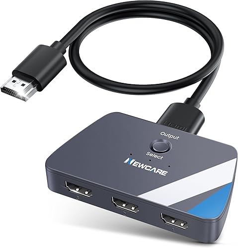 NEWCARE Interruptor HDMI 3 en 1 salida 4K 60Hz, divisor HDMI 3x1 con cable HDMI 2.0 de 2.6 pies, selector de conmutador HDMI de 3 puertos compatible