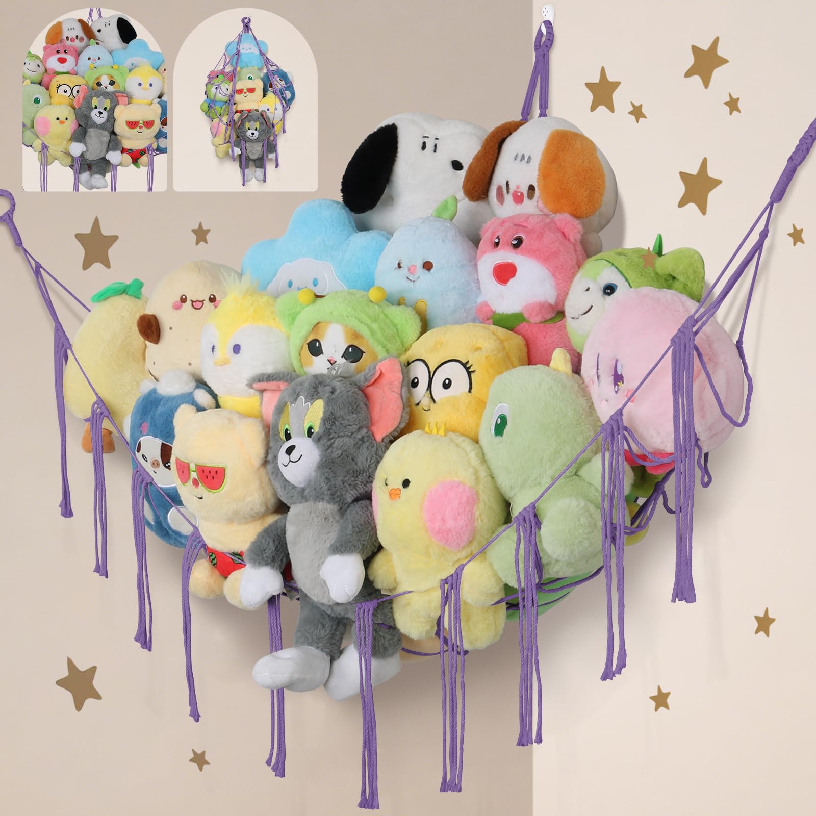 Stuffed Animal Hammock Corner,55 Inch Large No Drilling Plushie Net,Purple