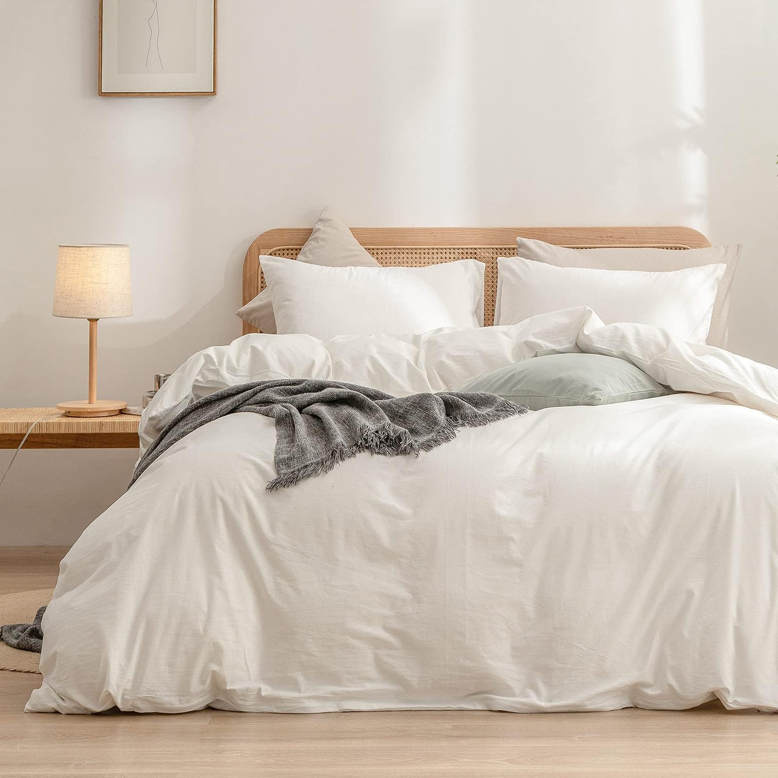 BESTOUCH Cotton Solid Duvet Cover Set Linen Feel Off White Oversized Full