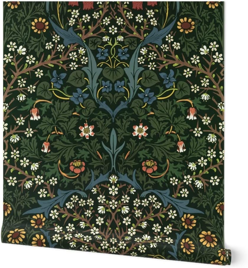 Spoonflower Peel & Stick Wallpaper 3ft x 2ft - William Morris Vintage Antique Victorian Tulips Damask Evergreen Forest Green Maximalist Folk Art Custom Removable Wallpaper