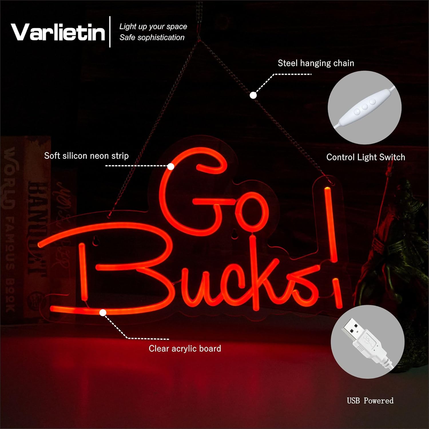 Go Bucks Neon Sign for Wall Decor, FootBall Neon Signs LED Lights for Kids Room Decor Bar Game Room Man Cave Gift for Football Fans Teens, USB Powered - Image 5