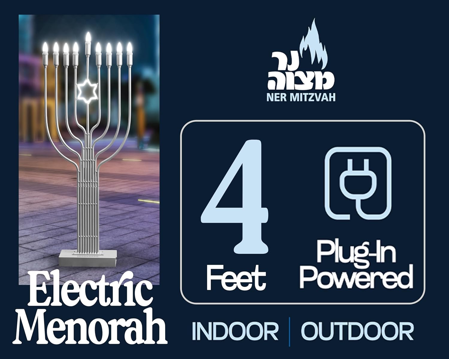 Ner Mitzvah 4 Ft Super Huge Electric Menorah - Plug-in Hanukkah Menorah for Indoor/Outdoor Use, Water-Resistant UV Protected, Manual/Auto Lighting Modes