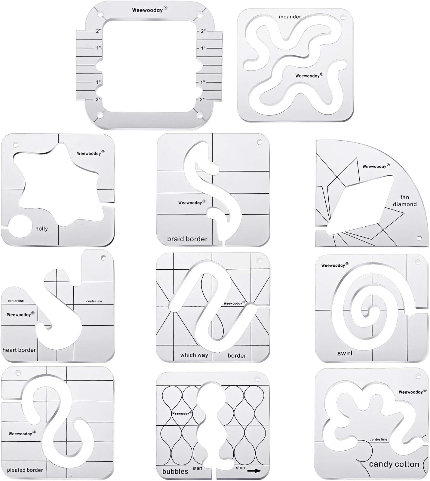 11 Pieces Free-Motion Quilting Template Set Sewing Machine Domestic Templates DIY Quilting Transparent Ruler with Quilting Frame for Simple Quilting Design (Curve Style)