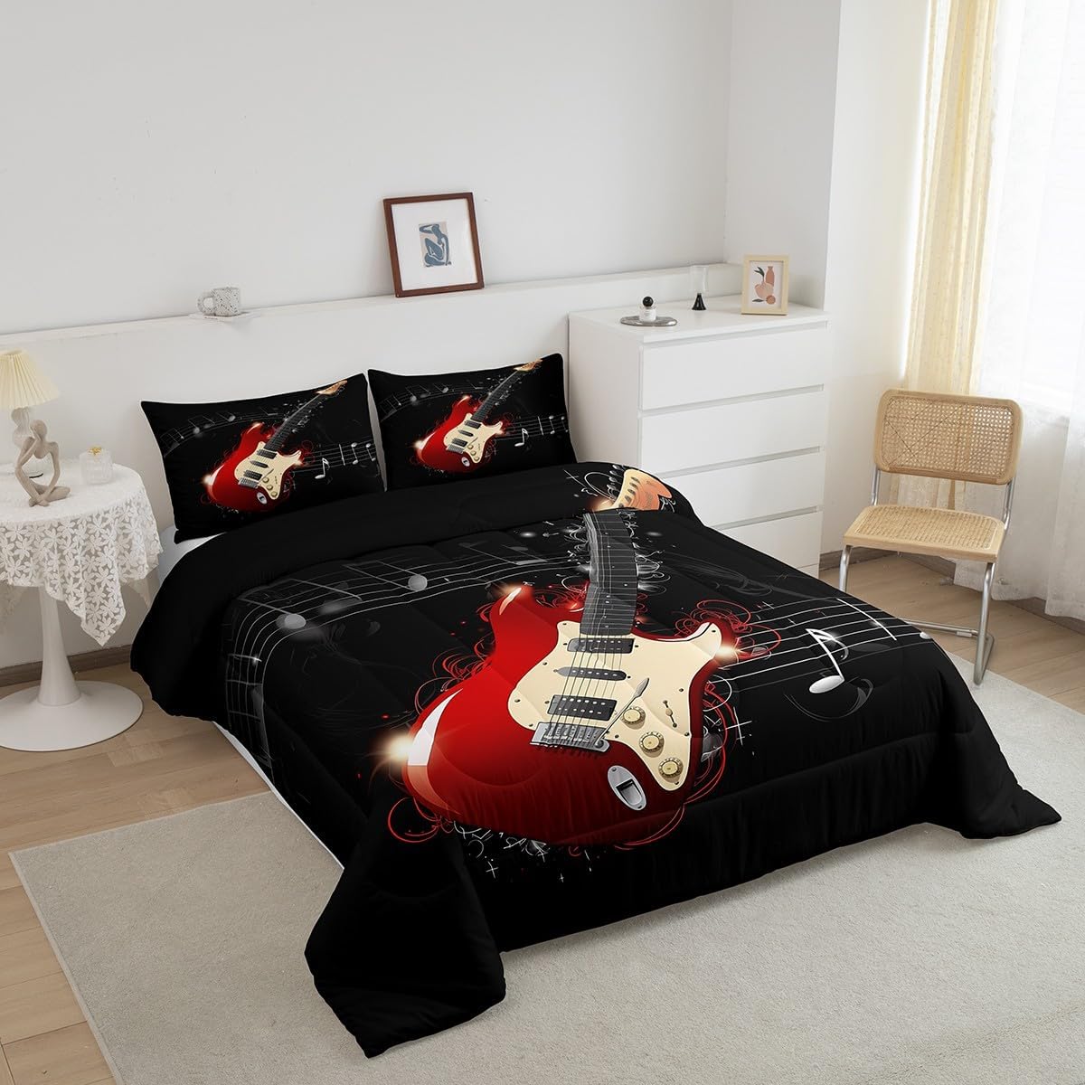 Erosebridal Guitar Comforter Set, Teens Musical Note Duvet Sets Queen Size, Music Themed Hip Hop Bedding Set for Kids Boys Youth Adult, Black Lightweight Luxury Down Comforter with 2 Pillow Cases