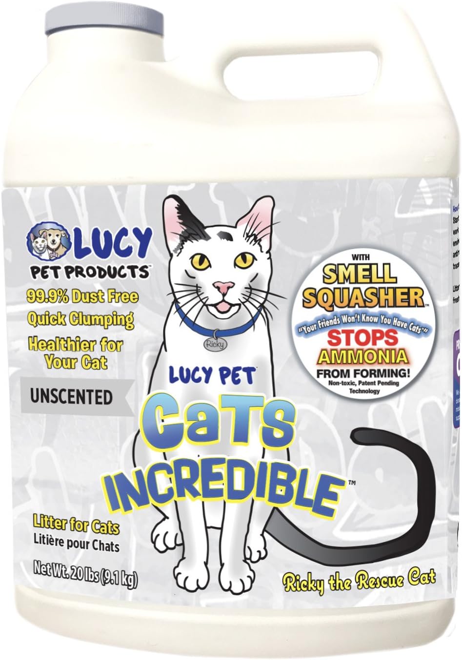 Lucy Pet Cats Incredible™ 20 lb Jug Clumping Cat Litter with Smell Squasher™, Absorbent Natural Clay Formula Prevents Ammonia Build-Up, Unscented