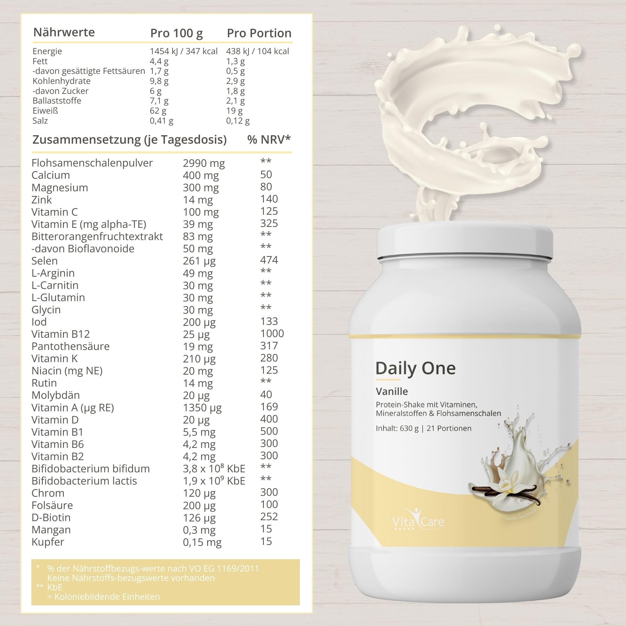 VitaCare Daily One Protein-Shake Vanille, 630g Whey Protein-Pulver mit Flohsamenschalen-Pulver, proteinreiches Fitness Nahrungsergänzungsmittel