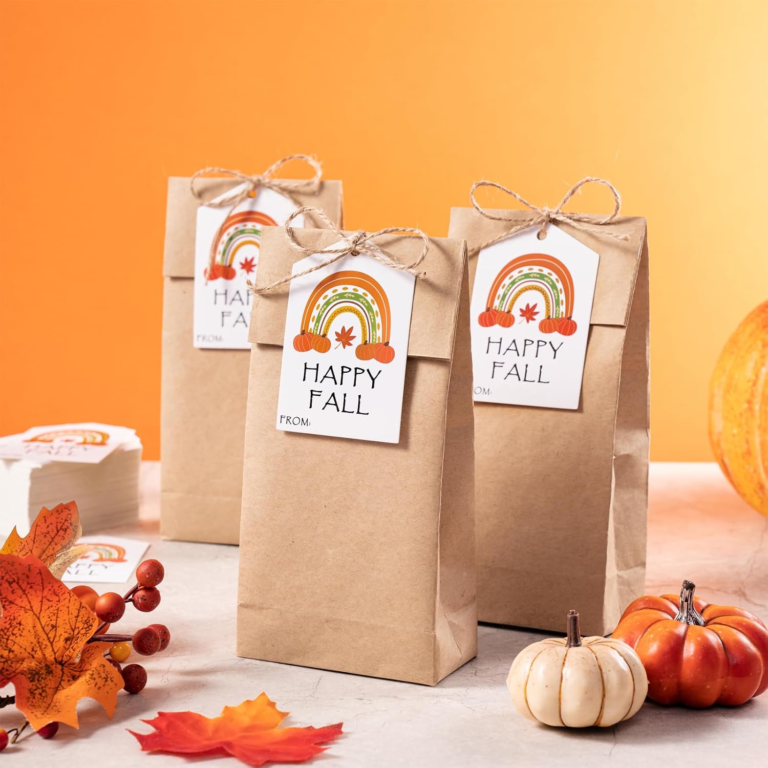 WRAPAHOLIC Fall Gift Tags with String - 100PCS Rainbow Pumpkin Fall Design Paper Tags with 100 Feet Natural Jute Twine for Halloween, Fall, Party Favors - 2.3 x 3.5 Inch image 4