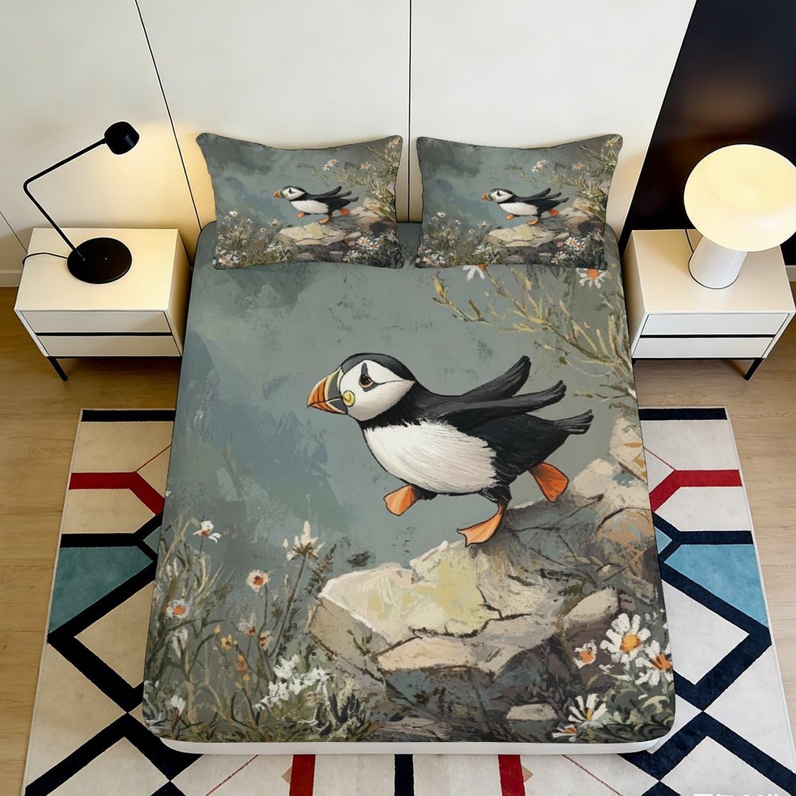 Pnayamiorkfel Style-6 3D Printed Puffin Meadow Fitted Sheet Microfiber Soft Anti-Slip Floral Bed Cover For Bedroom Guest Room Decor 90X200x25cm