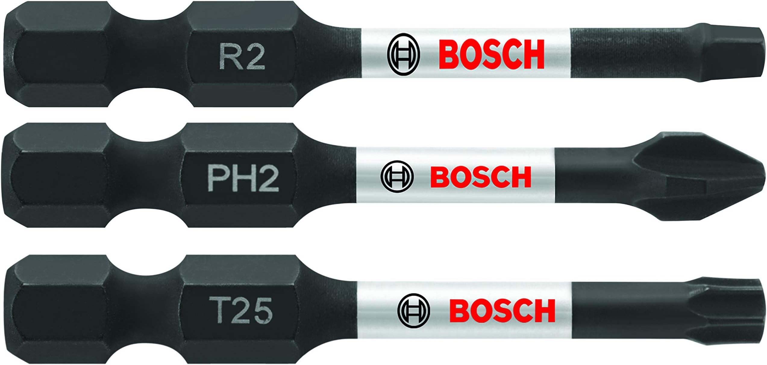 BOSCH ITV203 3-Piece 2 In. Impact Tough Screwdriving Power Bits Mixed Set Including PH2, SQ2, T25 Bits