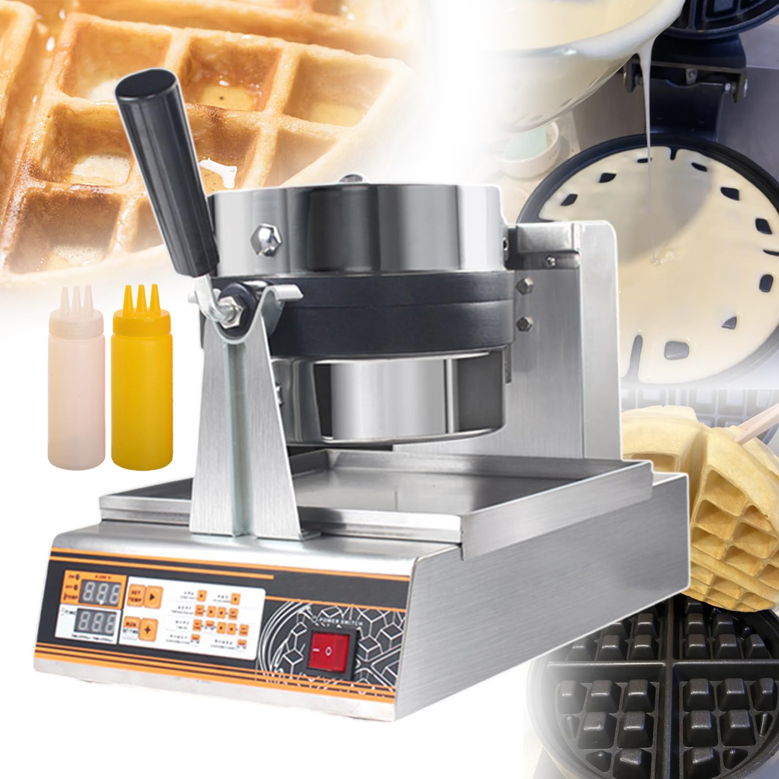 Nueva Waflera Comercial De 1200 W con Función De Horneado Profesional De Doble Cara - Temporizador Digital Ajustable De 0 A 10 Min - Ideal para Puestos De Comida Callejera, Cafeterías