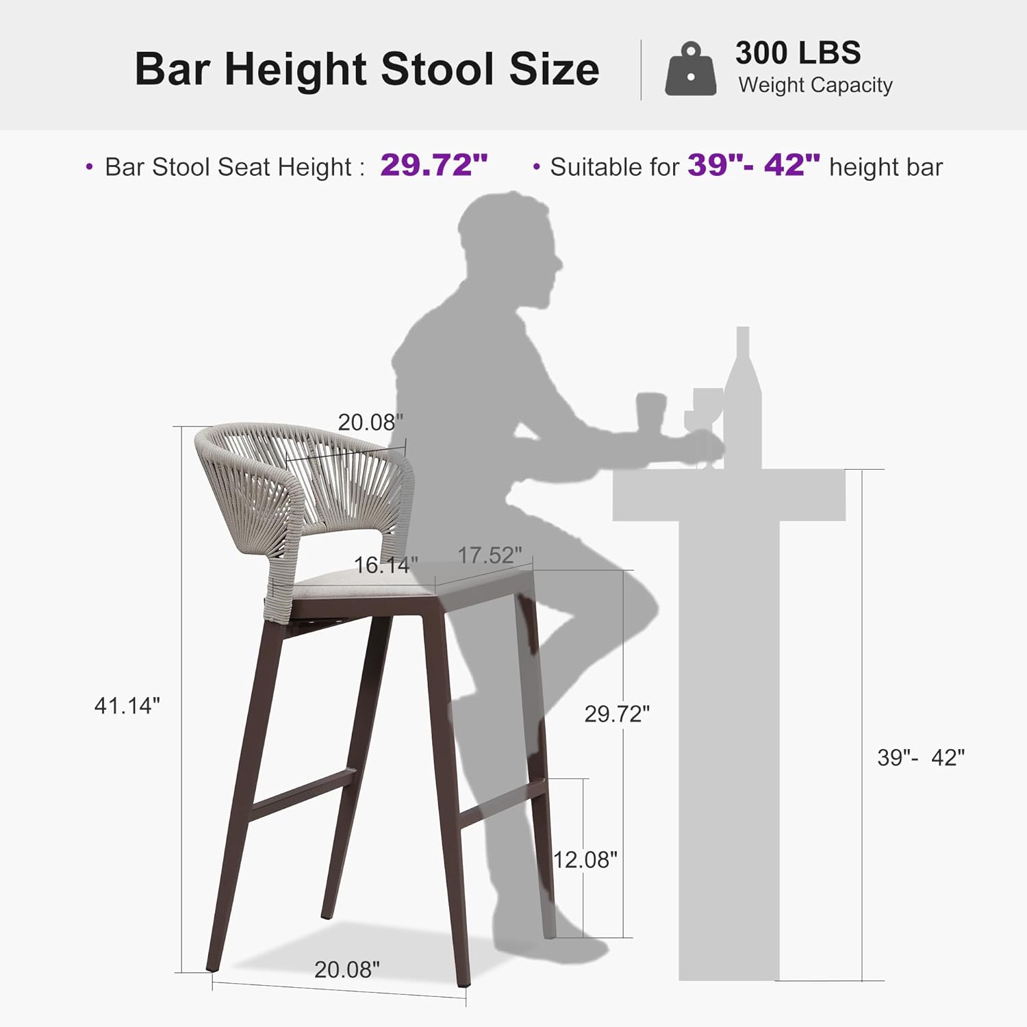 PURPLE LEAF Bar Stool Set of 2 Outdoor Bar Chairs with Footrest Bar Height Stools for Indoor Wicker Coffee Barstools