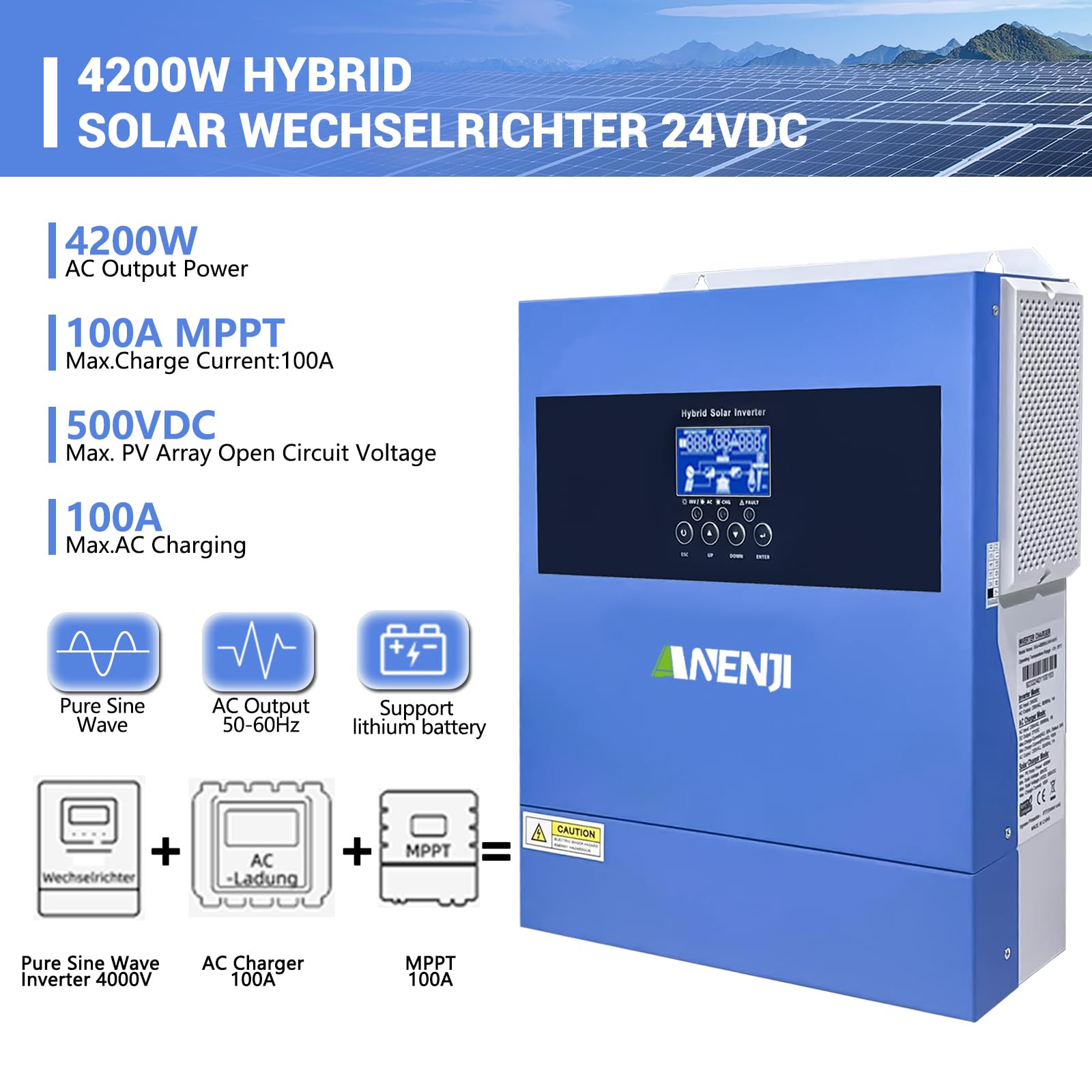 Inverter solare ibrido da 4,2 KW, 24 VDC a 230 VAC, inverter sinusoidale puro con regolatore di carica solare MPPT, tensione di ingresso max PV 500 V, per batterie al litio da 24 V, con