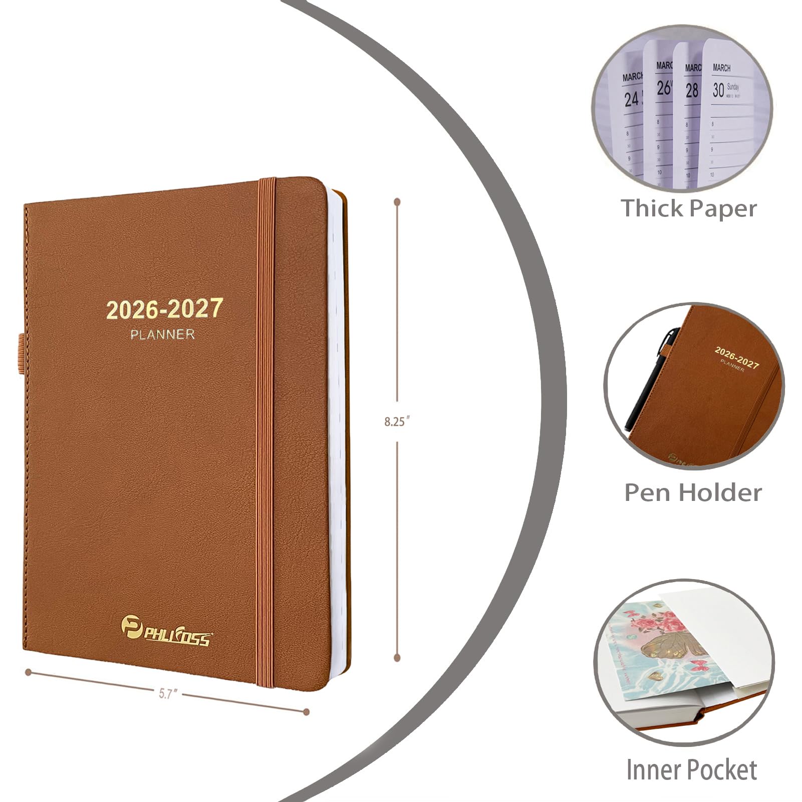 Tagesplaner 2026-2027, eine Seite pro Tag, Akademischer Kalender (Juli 2026 - Juni 2027), Terminkalender mit Zeitschlitzen und Monatstaben, 14,5 x 21,0 cm, Tasche, Ledereinband (Braun)