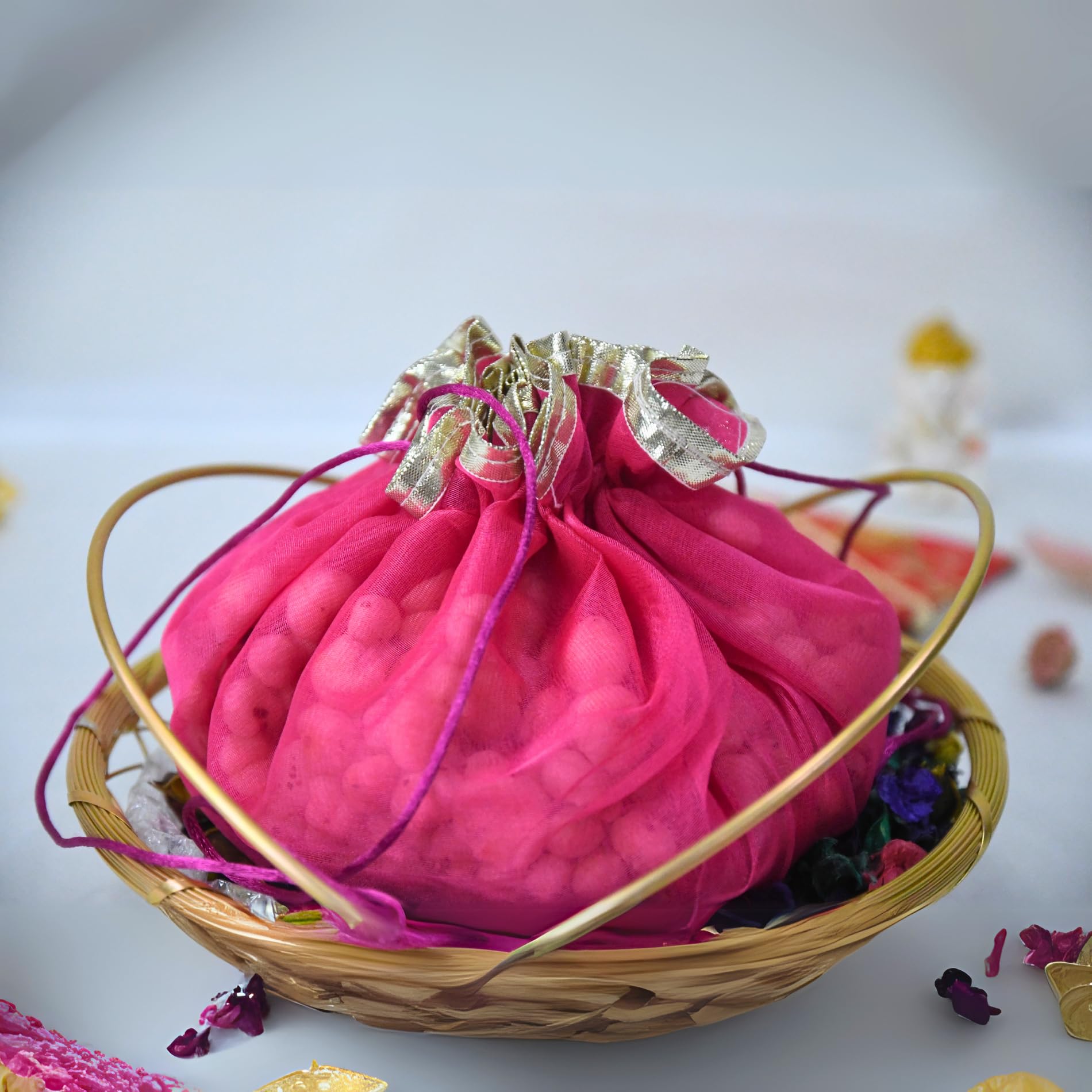 Lushure Large Pack of 10, 20, 50) Organza Double Layer Drawstring Potli Bag for Return Gift | Gift Hamper | Shagan - Pink - Size-30X30CM(Open) (10)-image-21
