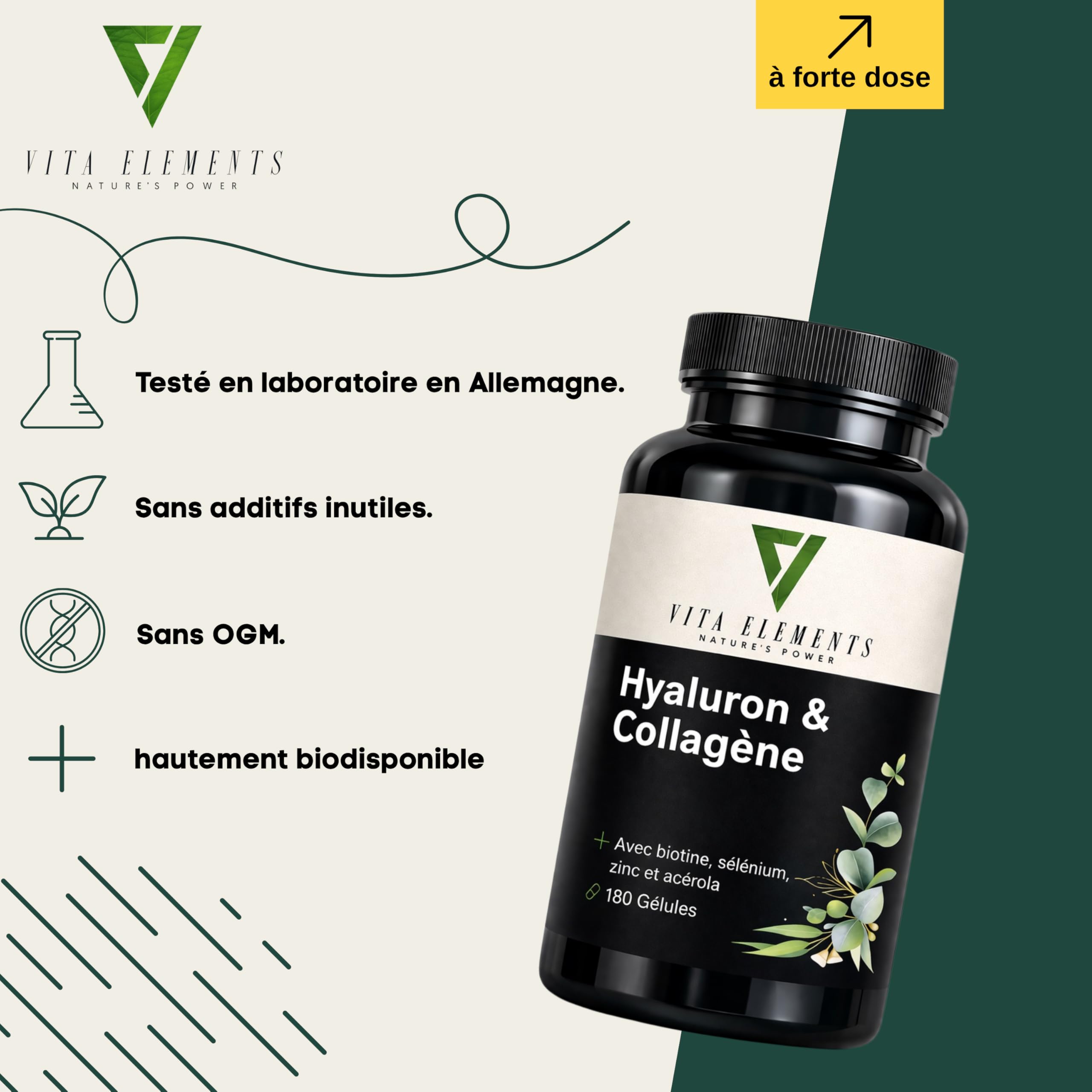 Vita Elements Complexe Acide Hyaluronique Collagène - 180 Gélules - Enrichi avec Biotine, Sélénium, Zinc, Vitamine C & Extrait de Bambou - 3 Mois de Stock - Testé en Laboratoire (3)