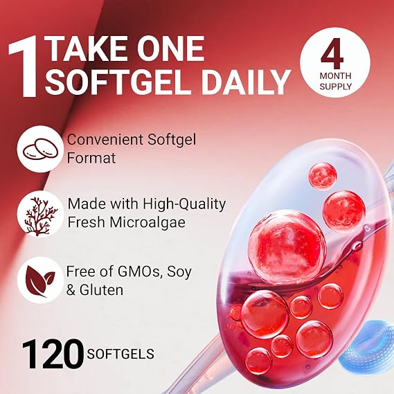 Premium Astaxanthin 12mg Antioxidant Supplement with Vitamin E 120 Softgels, 4 Month Supply, Microalgae Source, Supports Skin, Eye & Joint Health, Non-GMO, Gluten & Soy Free