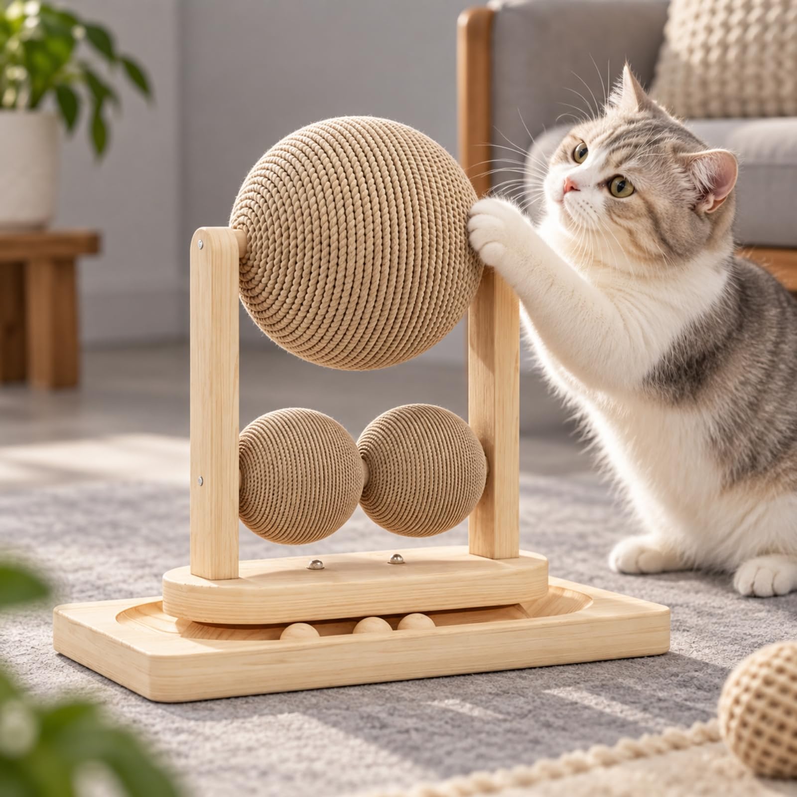 Rascador Madera con Base Giratoria Rascador Pie con Estructura Abierta Resistente Esfera Sisal para Interior, Sala, Pequeño