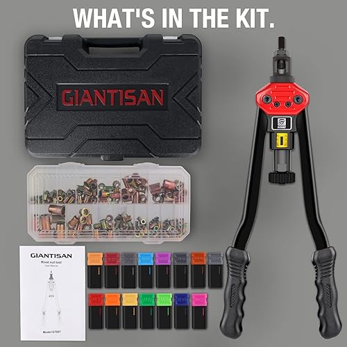 Miniatura 7 de Herramienta de tuerca de remache, kit de herramientas remachables de 16 pulgadas con 15 mandriles SAE y métricos, kit surtido de 236 tuercas