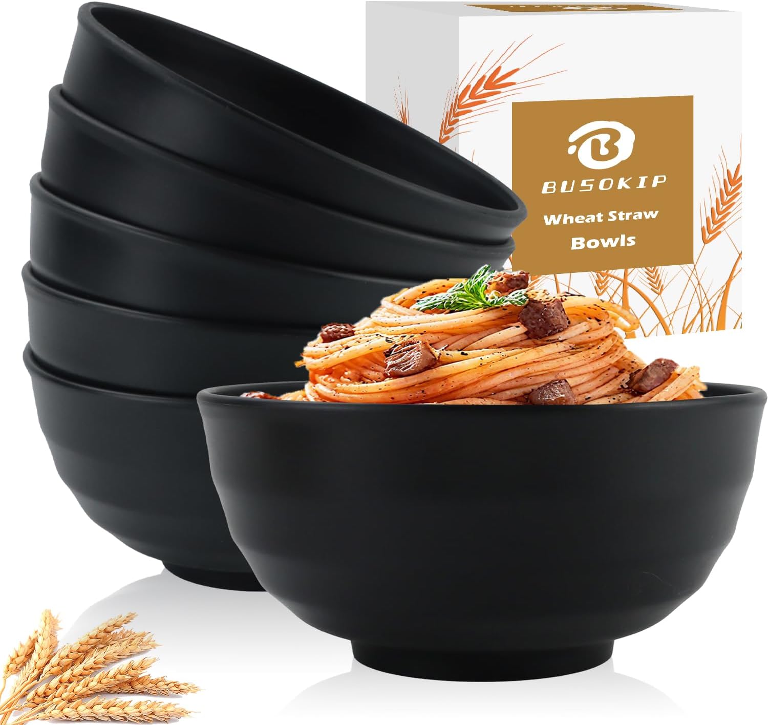 Wheat Straw Bowls Unbreakable Large Salad Bowls 60 OZ Set of 6, Microwave and Dishwasher Safe Large Plastic Bowl, Big Bowl for Eating, Serving Soup, Ramen, Popcorn (Black)