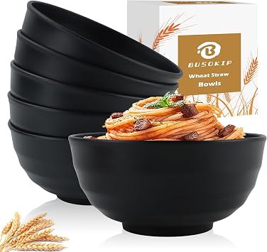 60oz Wheat Straw Bowls, Large Salad Bowls Set of 6 Black