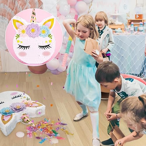 Miniatura 14 de WERNNSAI - Piñata de sirena plegable, piñata de cumpleaños con flecos que incluye cuerda para jalar, venda y bate. Decoraciones