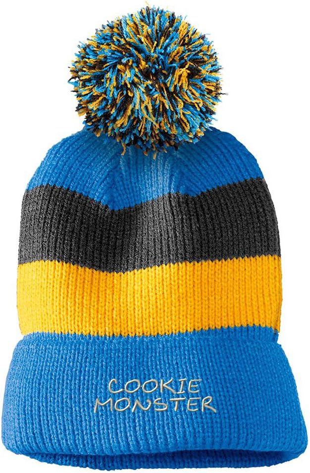 Cookie Monster Embroidered Unisex Adult Acrylic Vintage Striped Removable Pom Pom Beanie Winter Hat - Blue/Black/Yellow Stripes, One Size