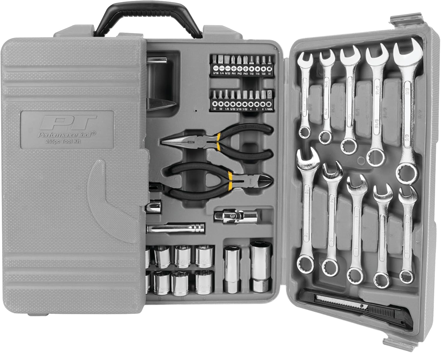 Performance Tool W1519 SAE/Metric Tri-Fold Home & Auto Tool Set for House Repairs and Projects, Gray, 1/4-Inch & 3/8-Inch Drive, 265 Pieces