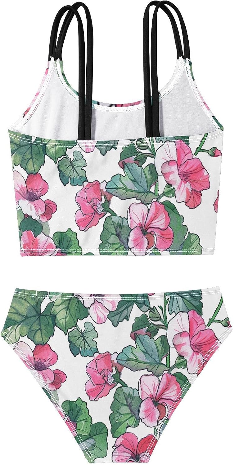visesunny Girls Two Piece Swimsuits Geranium Flower Pattern Girl's Bikini Sets Bathing Suits for Girls Size 5-12Y