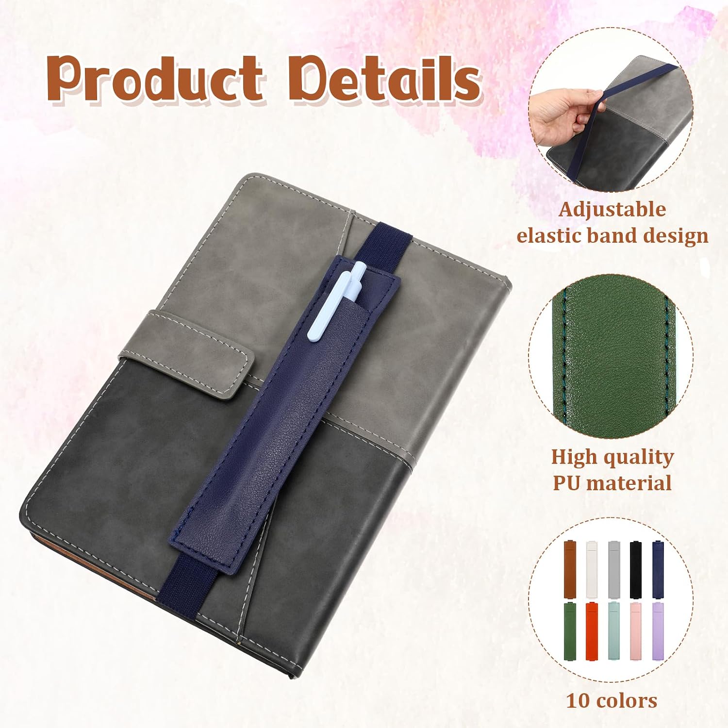 10 Pcs Pen Holder for Notebook, PU Leather Adjustable Book Strap, Notebook Pen Holder for Planners Binders and Books image 3