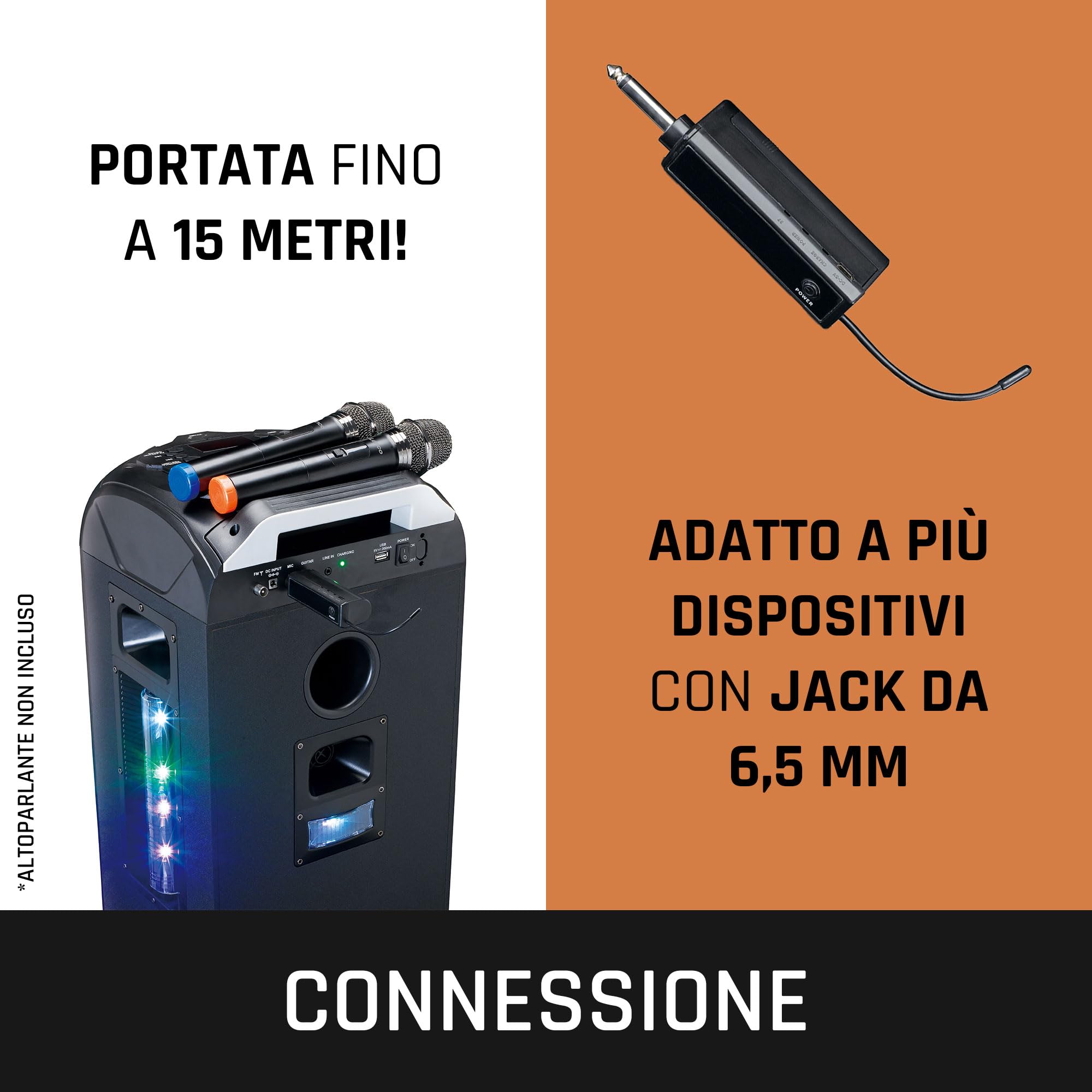 Lenco MCW-011BK - Microfono wireless, ricevitore 6,3 mm, ricevitore comune, festa karaoke, nero