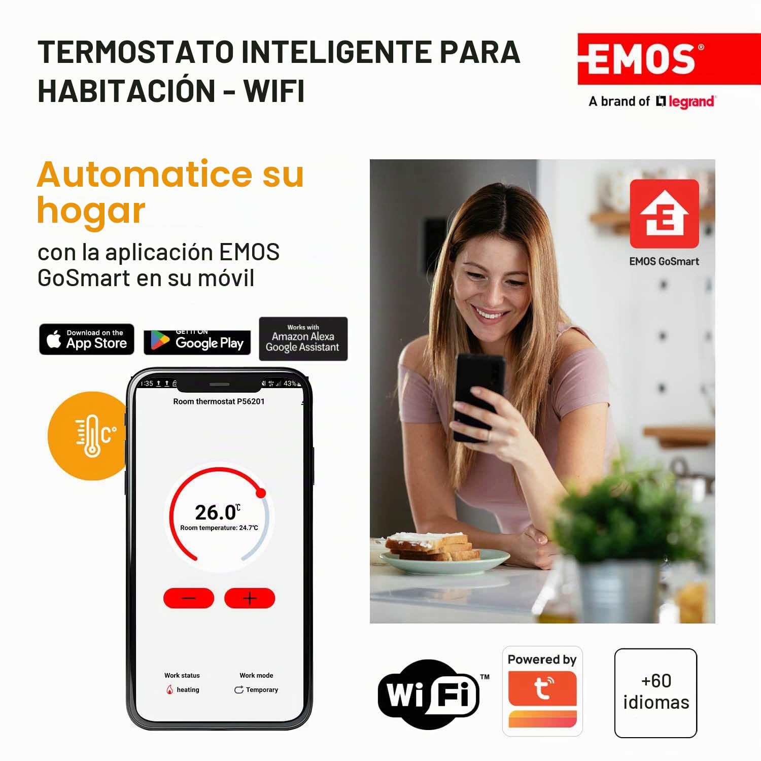 EMOS GoSmart termostato Inteligente WiFi, calefacción/refrigeración, App Tuya, Alexa, Google, IP, Ahorro energía, Montaje Sencillo, Blanco