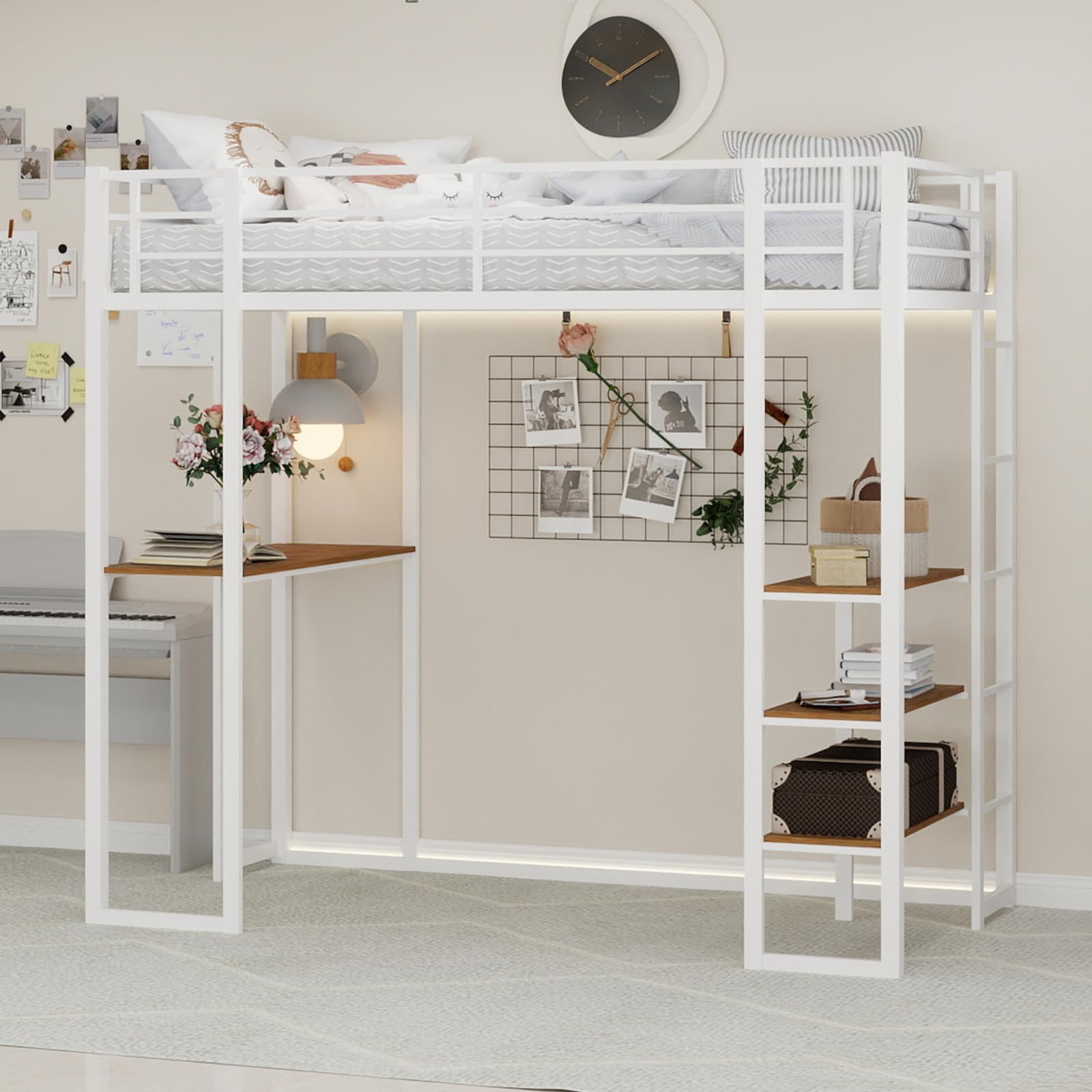 Lit mezzanine 90x190 cm avec bureau en métal blanc design épuré et cadre stable