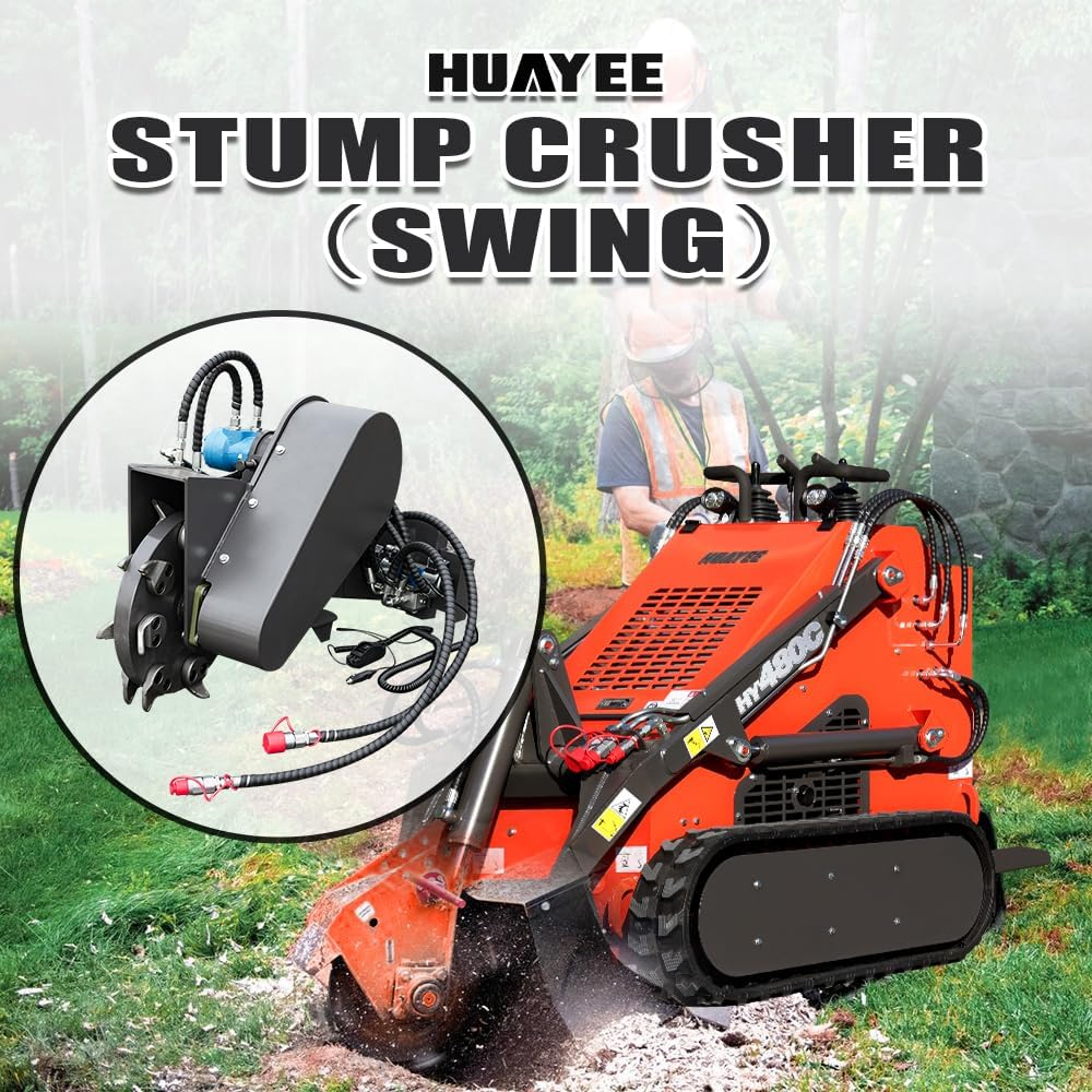 Swinging Stump Grinder for Mini Skid Steers - Hydraulic Stump Cutter w/Mounting Plate - Verify Fit: 588mm Plate Width, 360mm Ear Center, 140mm Mount Height