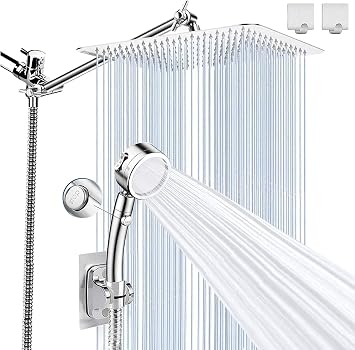 Shower Head, High Pressure 10" Square Rain Shower Head with 3 Settings Handheld Spray Combo, 78" Extra Long Shower Hose, 3-Way Diverter, Height/Angle Adjustable Extension Arm, Chrome, BELLEARLY