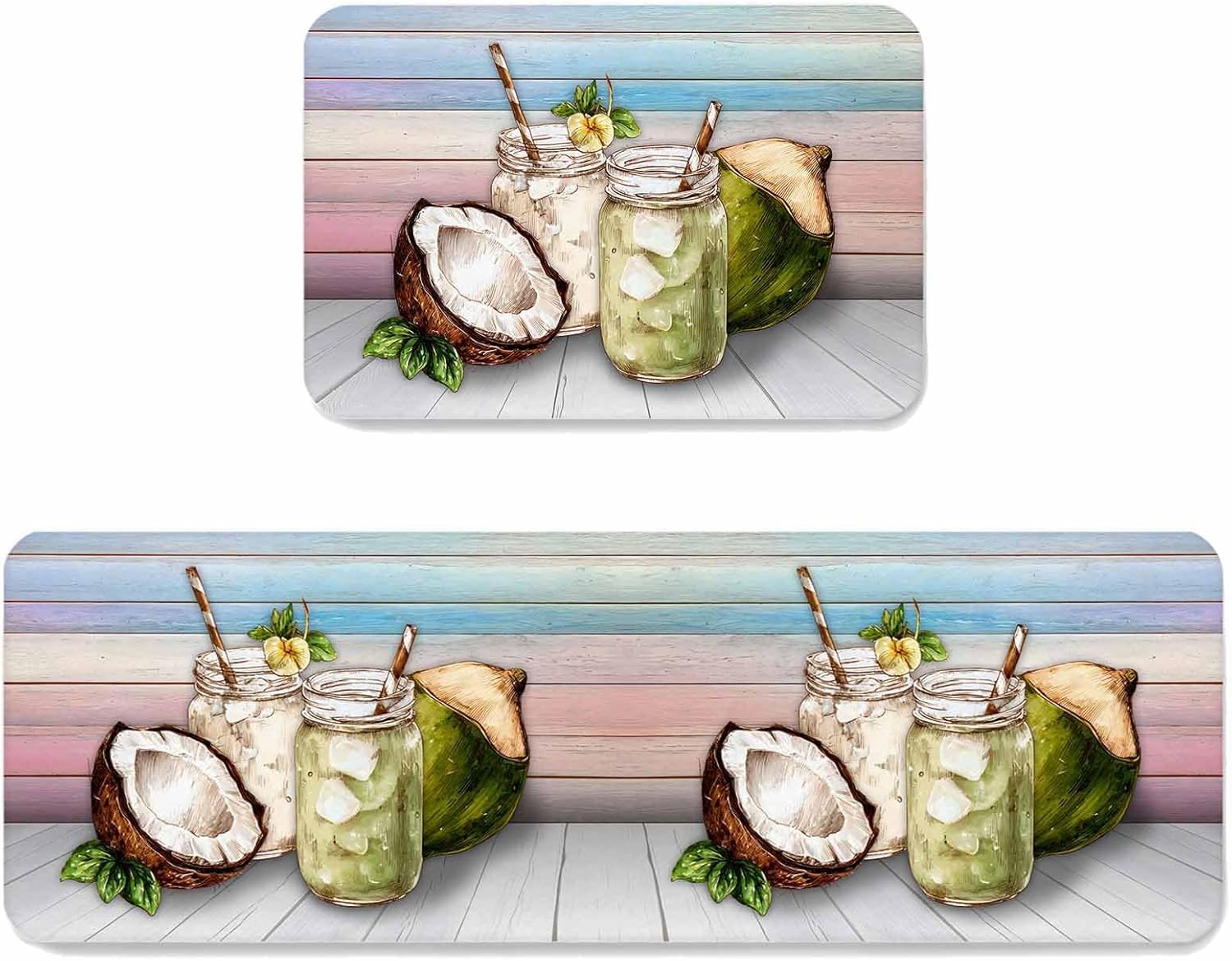 Prime Leader Summer Coconut Kitchen Mat Set 2 Pieces Country Glass Bottle Green Leaf Colorful Wood Grain Non Slip Kitchen Rugs Washable Runner Rug Mats for Sink Laundry (19.7" x 31.5"+19.7" x 63")