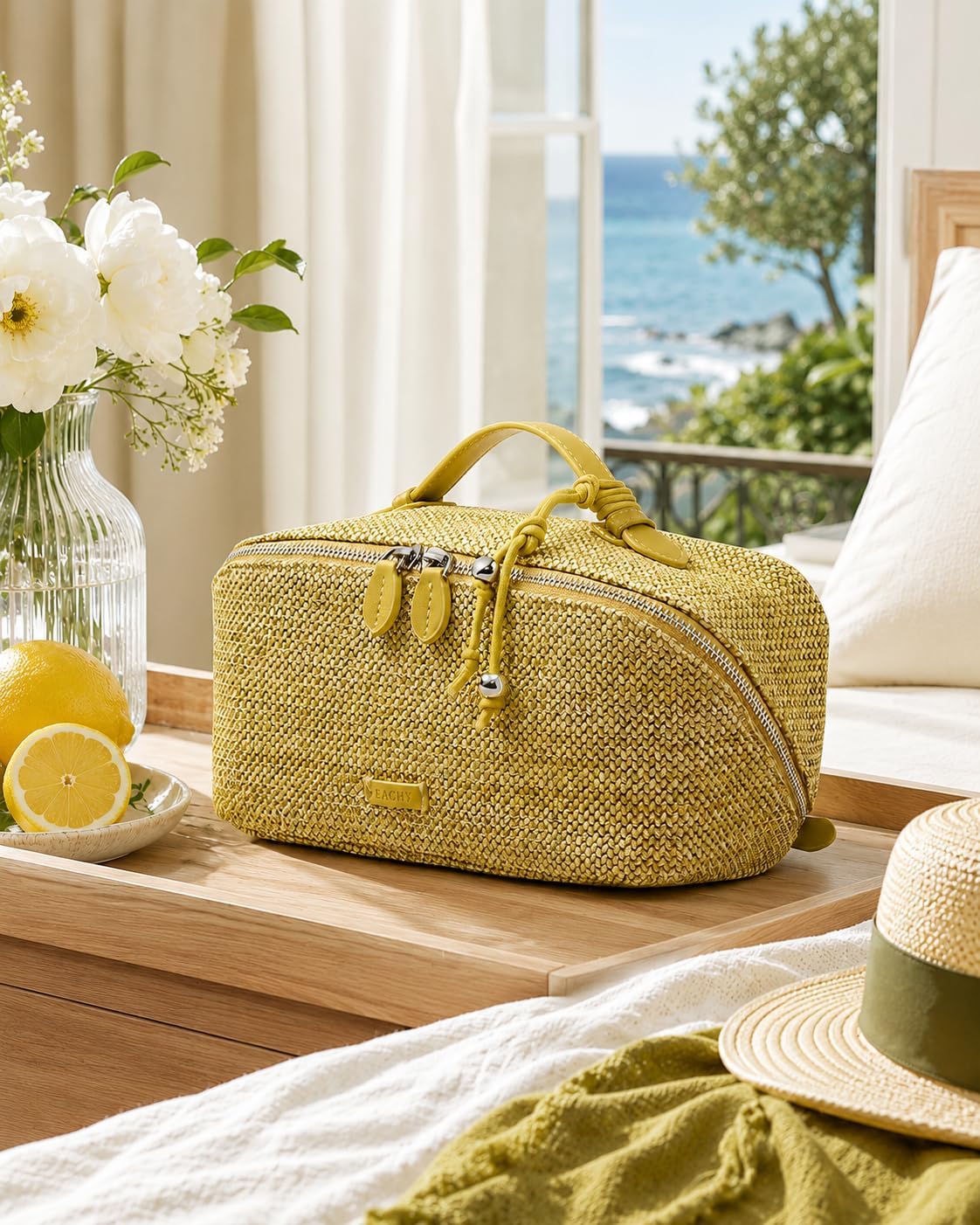  Makeup Bag, Woven Travel Toiletry Bag, Portable 180° Wide-Open Flat Cosmetic Bags for Women, Large Capacity Makeup Pouch with Divider and Handle thumbnail