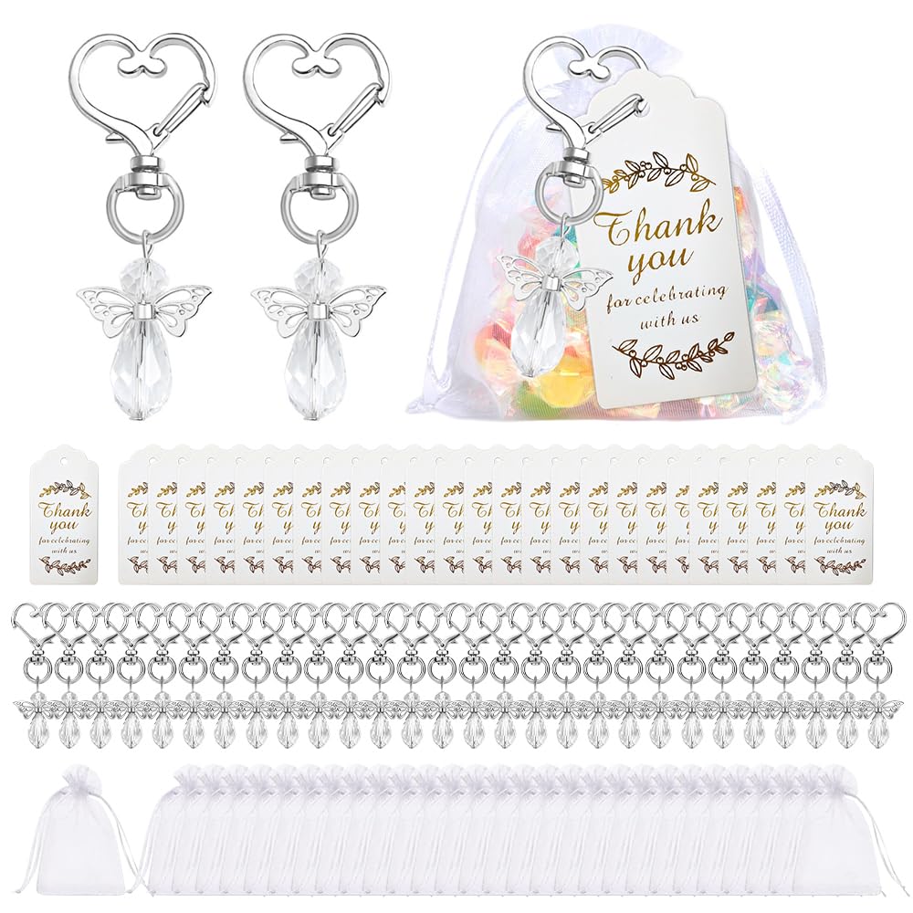 RNPKZ 90 Pack Guardian Angel Keychain, Thank You Keyrings Bulk Set with 30 Angel Keyrings 30 Organza Bags & 30 Thank You Tags for Wedding, Baby Shower,Thank You Gifts for Teacher Nurse Guest (Gold)