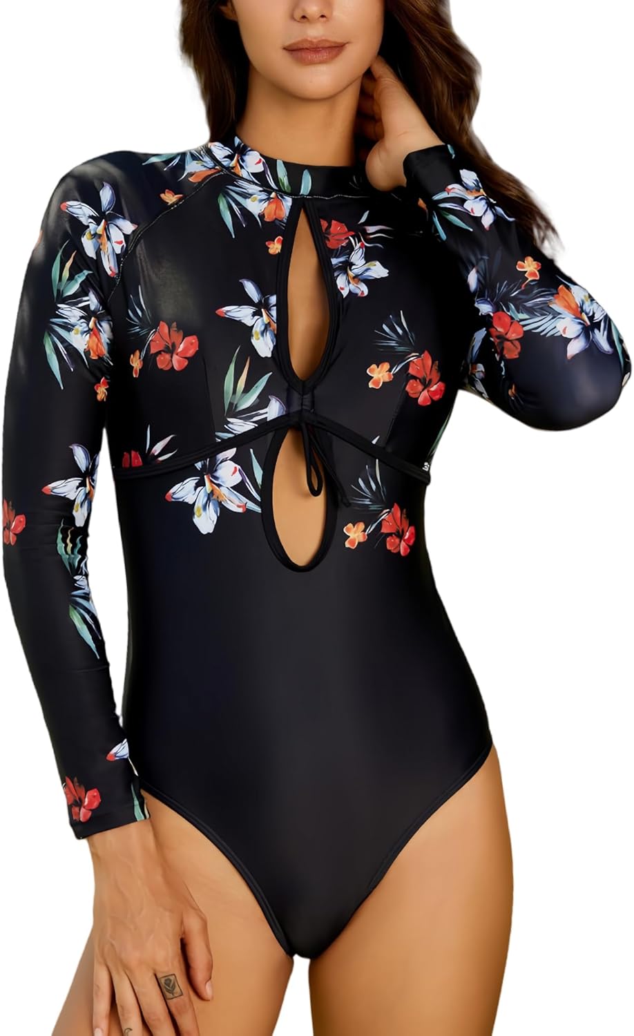 Women's One Piece Long Sleeve Swimsuit Tummy Control Cut Out Swimwear Floral Prints Bathing Suit
