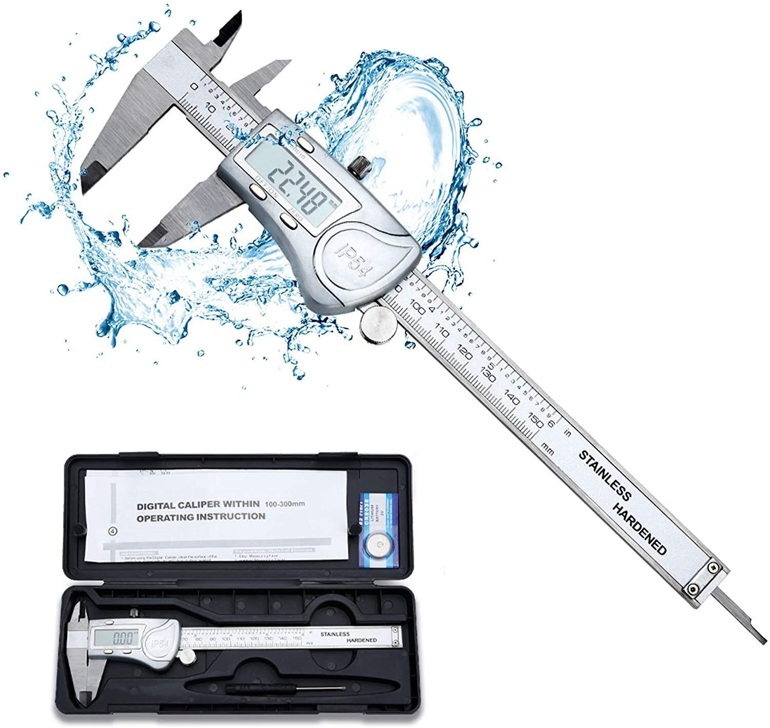 Cyfrowy suwmiarka Vernier w srebrnym □ 150mm / 6 cal IPX54 Wodoodporna ze stali nierdzewnej Slajdów High-Precision Pro Pomiar narzędzia z wyświetlaczem LCD